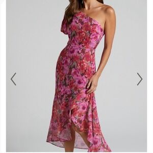 Showpo Clabelle Midi Dress One Shoulder Tulip Hem Floral Ruffle Pink US 14 NWT